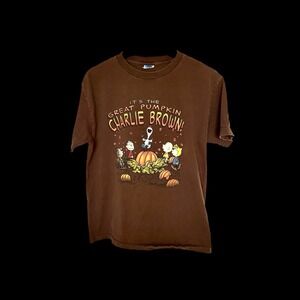Vintage‎ 90's Peanuts Charlie Brown Halloween Pumpkin Brown T-Shirt M/L Autumn